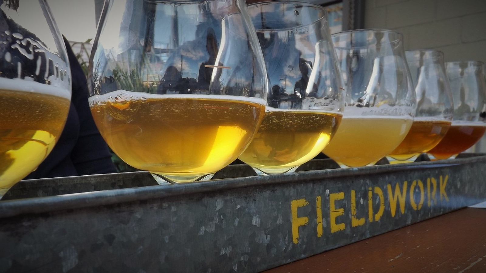 Beer flight tasting at Fieldwork brewery featuring multiple glasses with different colored craft beers ranging from light golden to dark amber arranged on a wooden serving tray