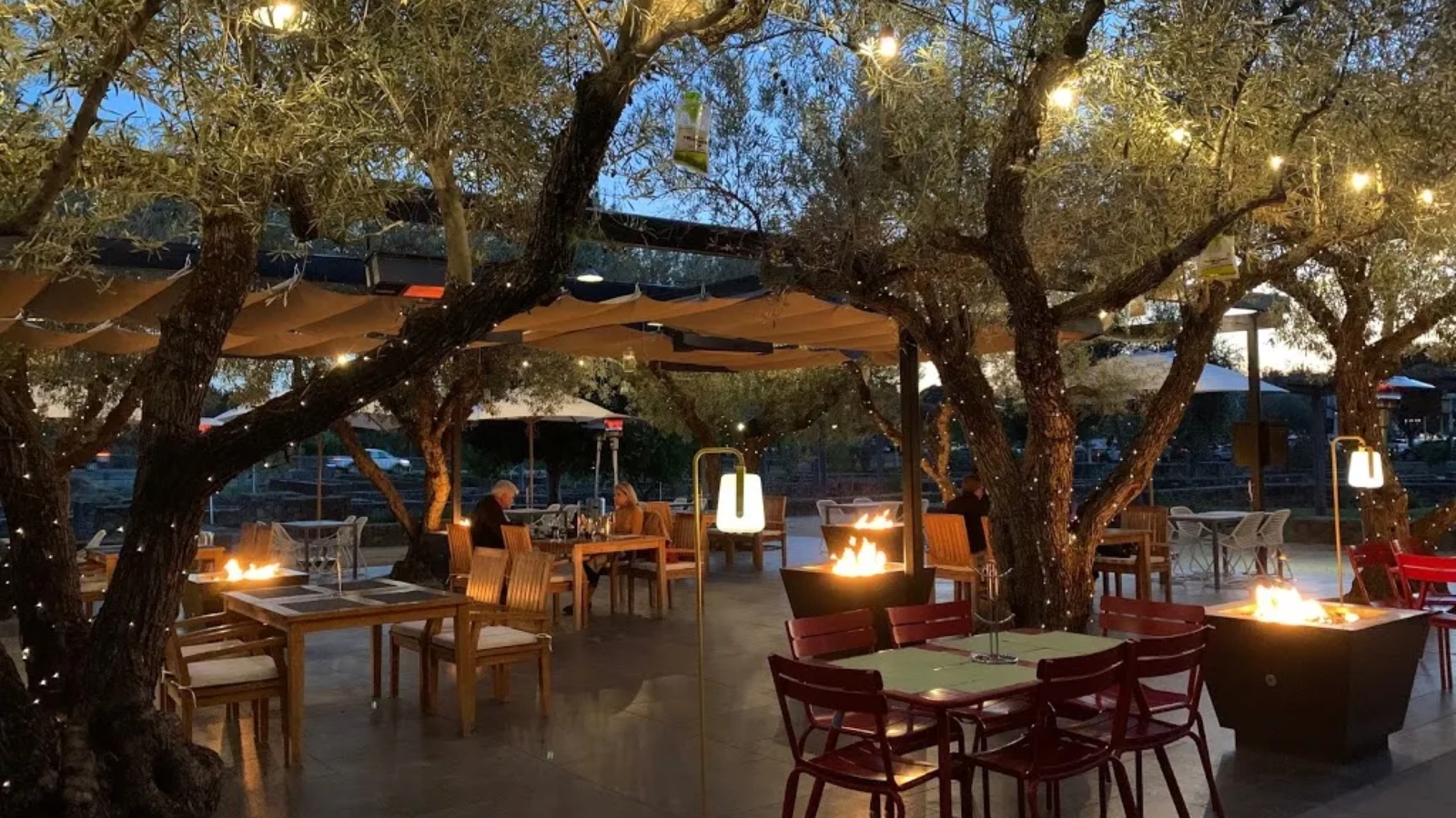 Evening patio dining at The Grove at Copia with olive trees, fire pits, and string lights creating a cozy atmosphere.