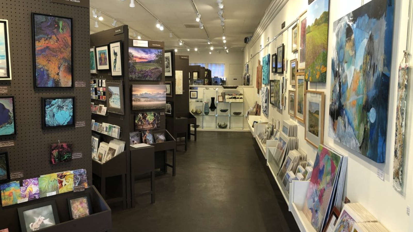 An Art Gallery Napa Valley interior showcases diverse artwork including paintings, photographs, and sculptures displayed on walls and pedestals with professional gallery lighting and organized exhibition space.