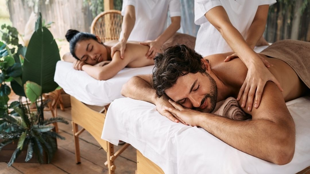 Couple enjoying a relaxing couples massage at an Asian massage spa in Napa