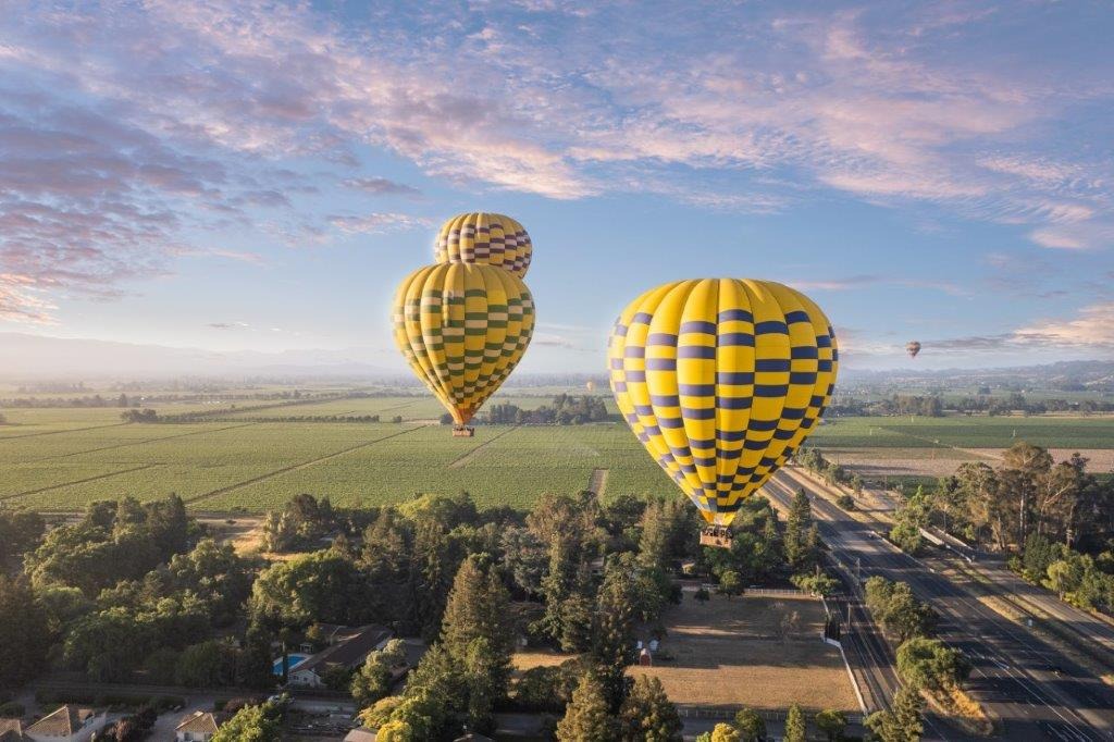 Napa Valley Balloons floating above Napa Valley vineyards during sunrise