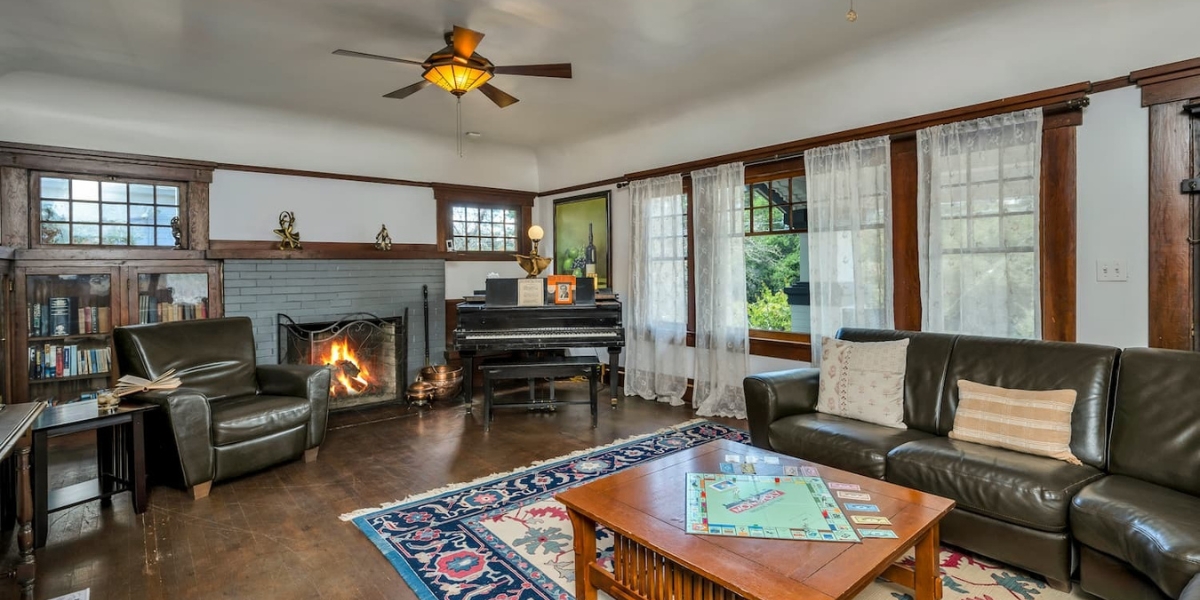 Cozy fireplace lounge inside a romantic Napa Valley lodging property in Calistoga