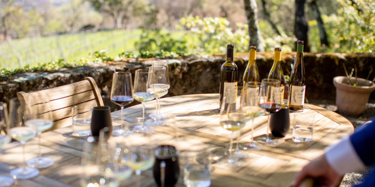 An outdoor wooden table set with wine bottles and glasses overlooking a sunlit vineyard, ideal for making reservations at st helena tasting rooms - Reservations for St. Helena Wineries.