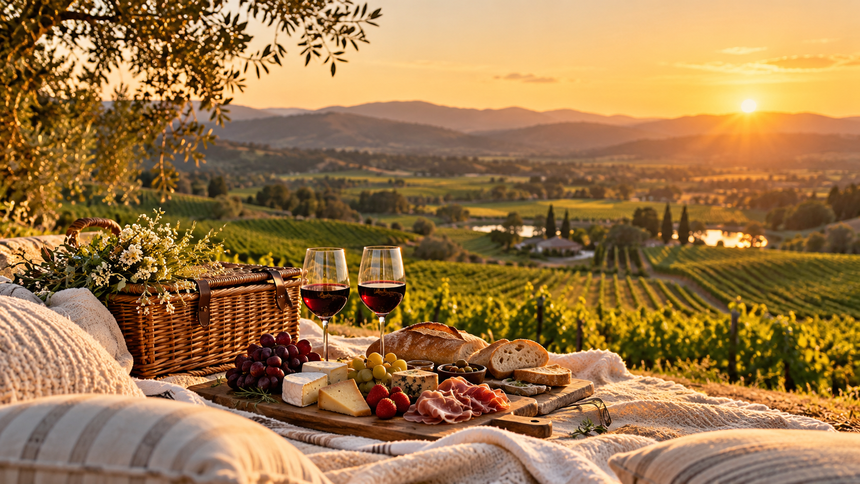 Romantic vineyard picnic for two overlooking Napa Valley vineyards at golden hour
