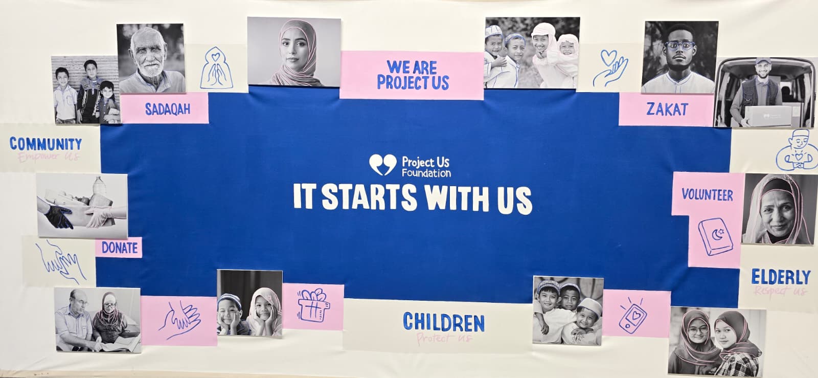 Banner for Project Us Foundation with photos of diverse people, words like 'Sadaqah,' 'Zakat,' 'Volunteer,' 'Donate,' 'Community,' 'Children,' and 'Elderly,' and the central text 'It Starts With Us.'