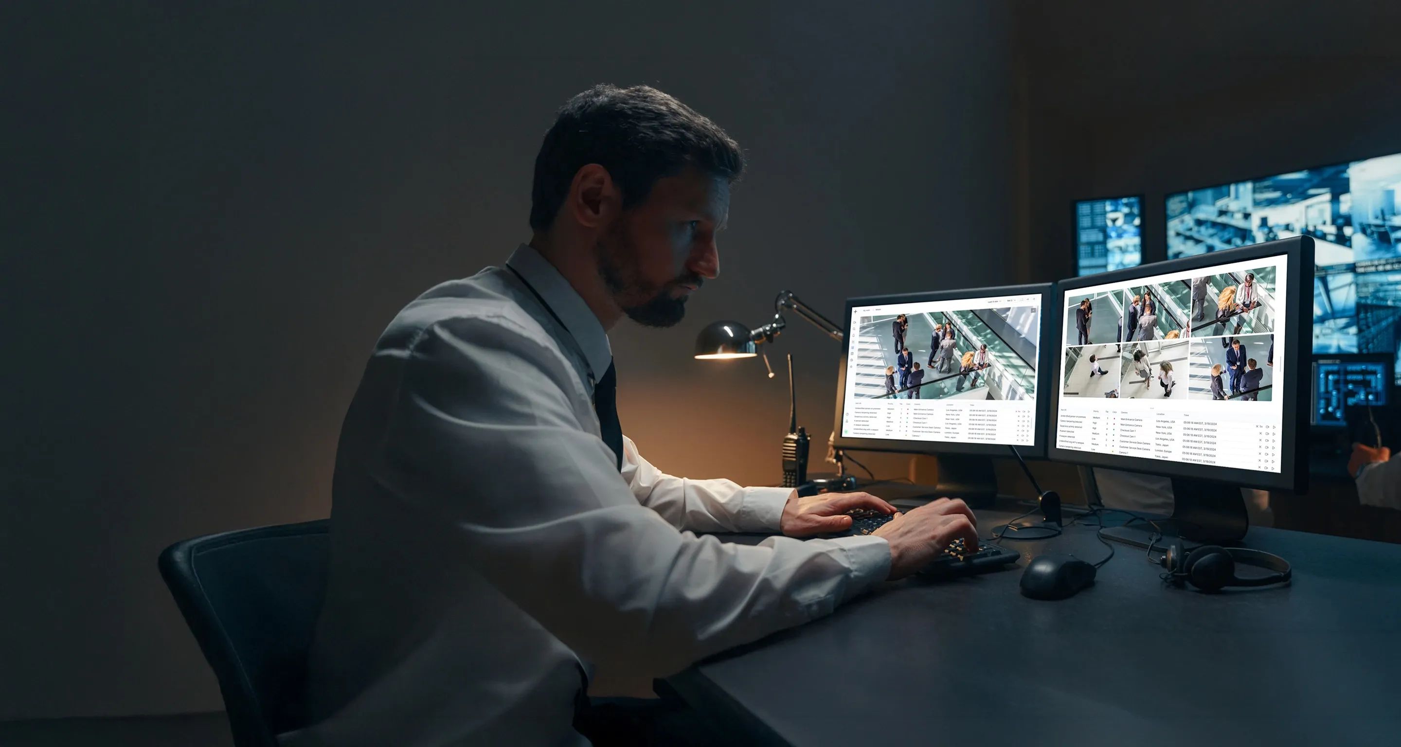 Man in white shirt and tie monitoring surveillance footage on two computer screens in a dimly lit security room.