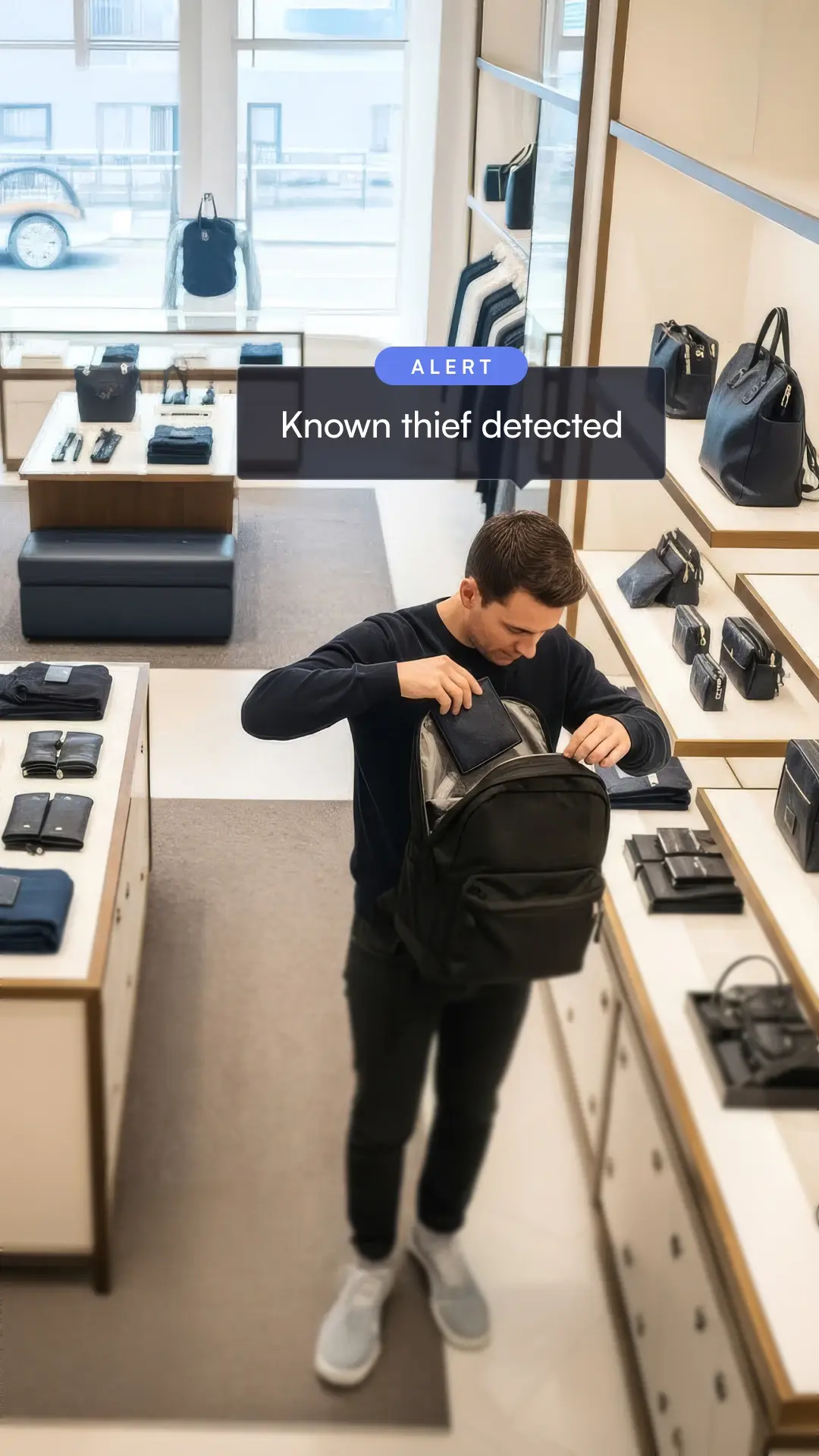 Man in a retail store putting a wallet into his backpack with an alert overlay stating 'Known thief detected.'