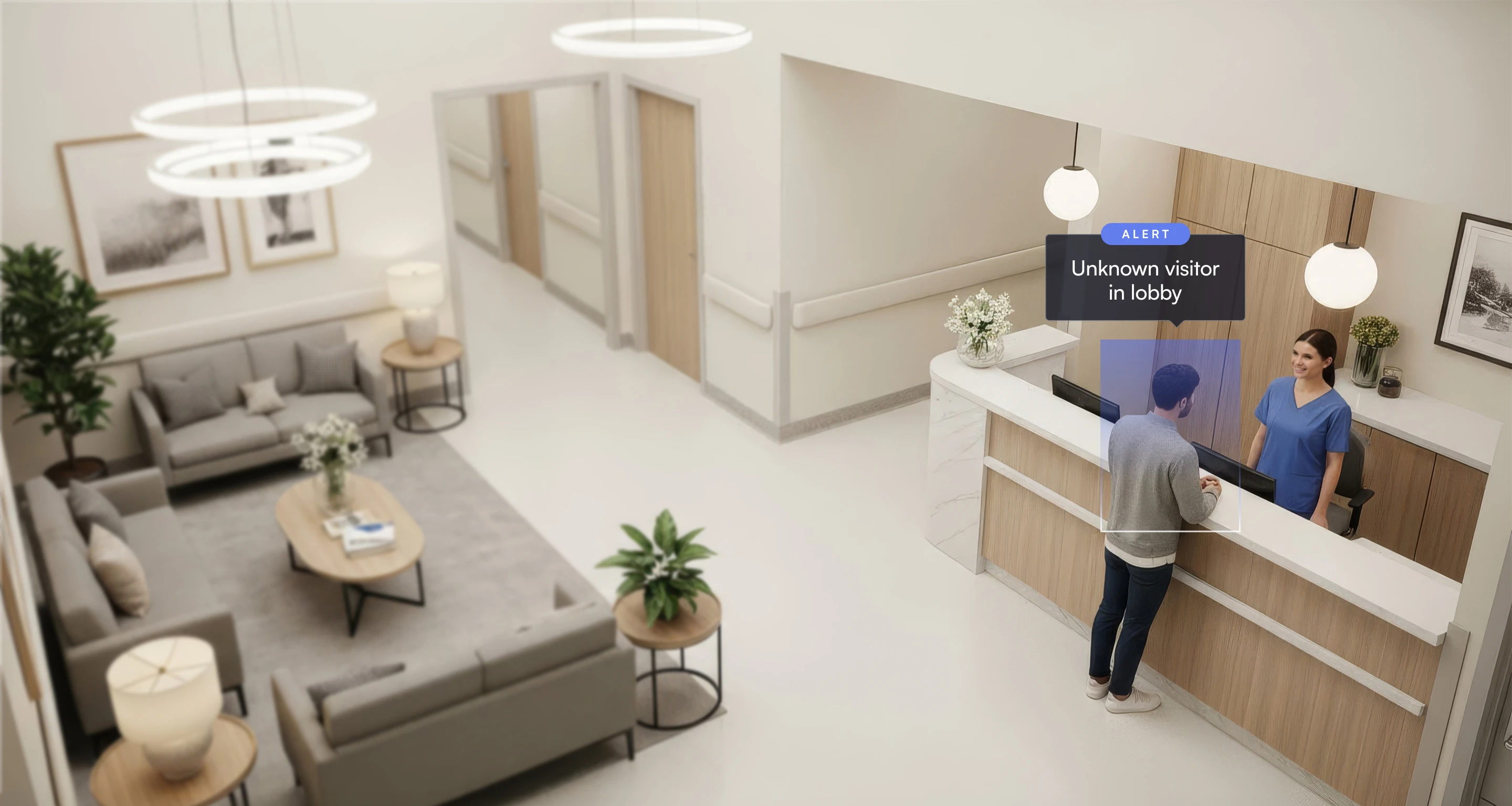 Hospital lobby reception with nurse behind desk and a man standing, alert indicating unknown visitor in lobby.