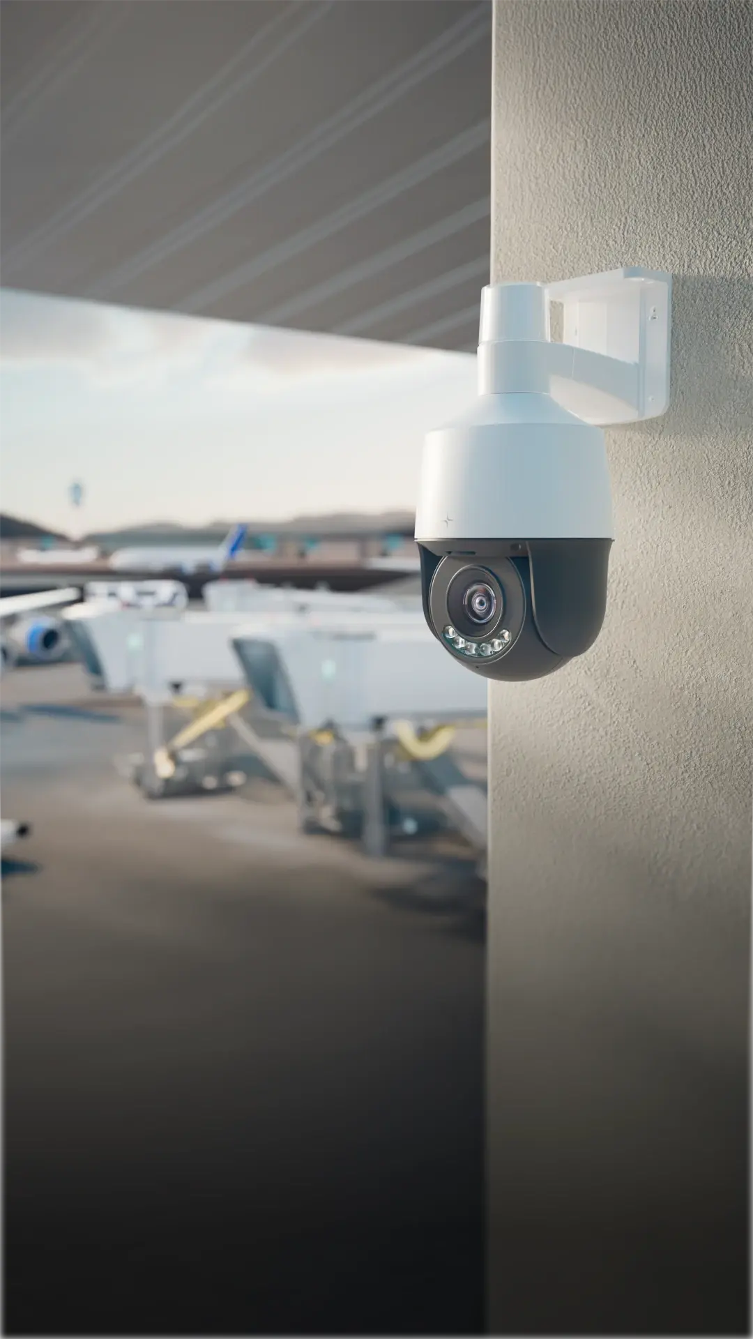White and black security camera mounted on a beige wall overlooking an airport tarmac with jet bridges and planes.