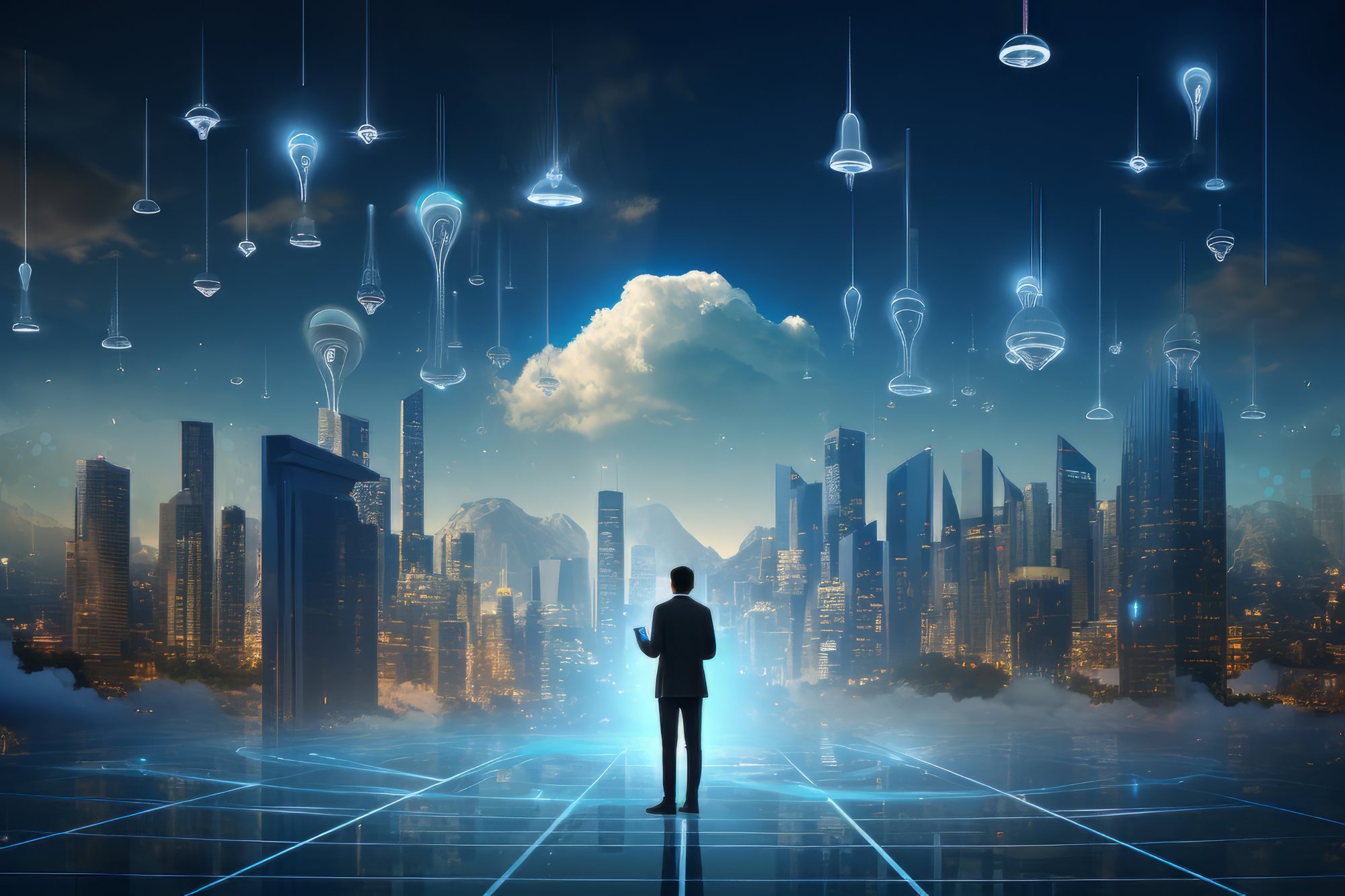 Executive looking out over a futuristic city skyline