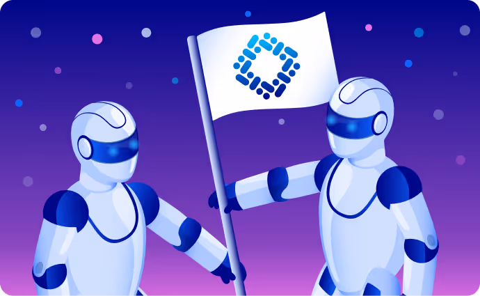 Zwei Roboter, die als Pioniere eine Omikron Flagge einsetzen