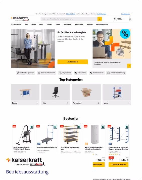 Website von kaiserkraft Betriebsausstattung