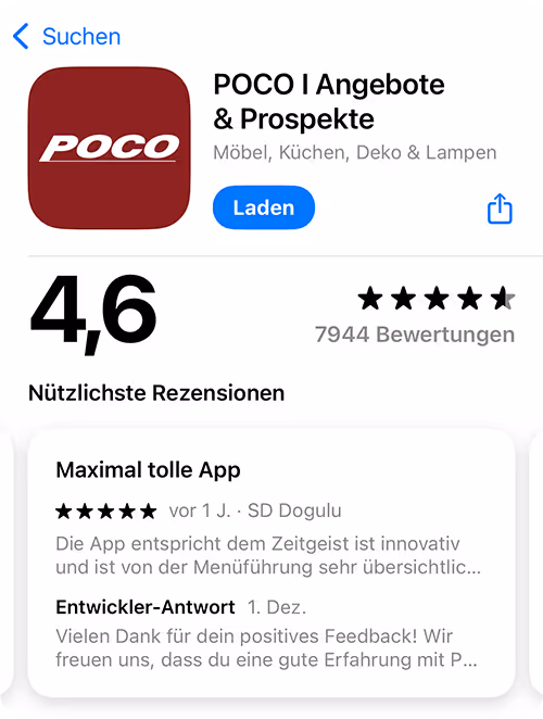 Screenshot der Appstore-Site der Poco App