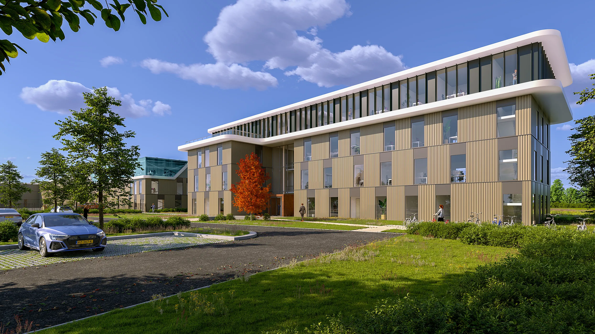Het nieuw te bouwen kantoor van WellGear gezien vanaf de parkeerplaats met eco bestrating. Ontworpen door Walter Stoop en Tino Hoven van 12 WAT Architecten uit Assen.