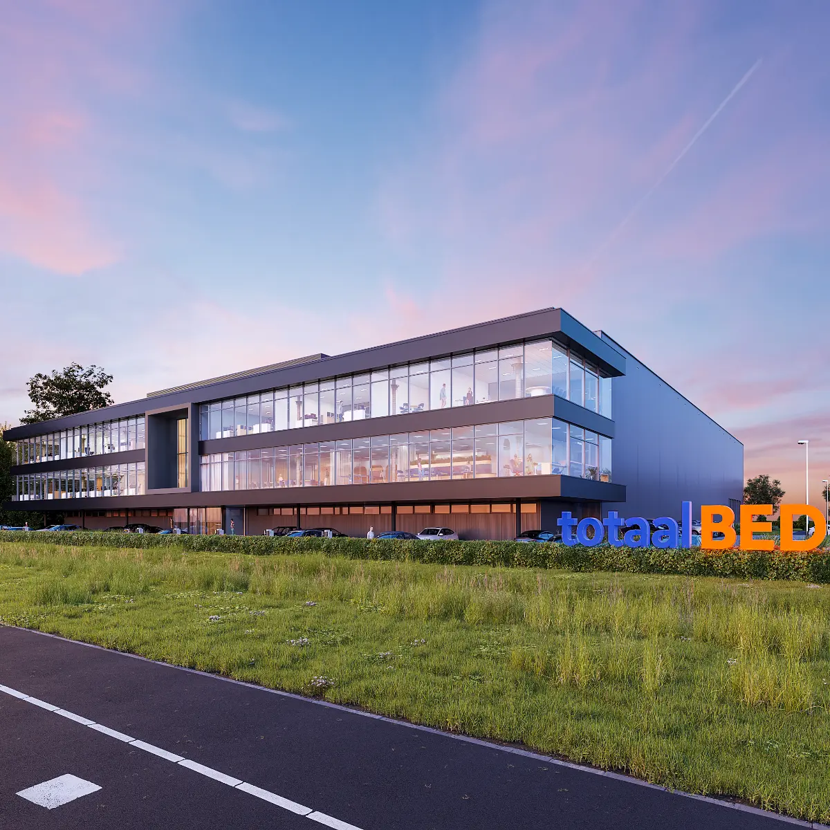 Sfeervolle architectuur visualisatie van het nieuwe kantoor van totaalBED langs de A28 in Zwolle ontworpen door sec.architecten.