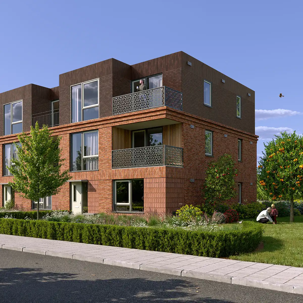 Hoogwaardige architectuur visualisatie van een nieuwbouwproject in Appingedam voor Van Wijnen, ontworpen door 12WAT Architecten.
