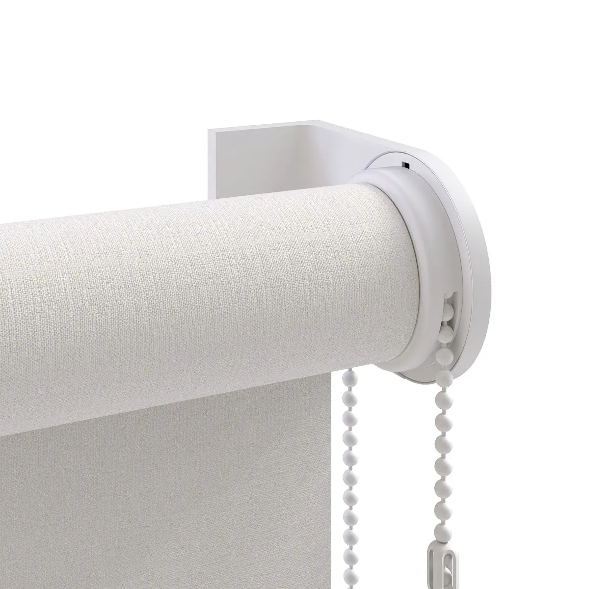 Detailopname van een fotorealistische 3D product rendering van een wit rolgordijn voor CNO Raambekleding.