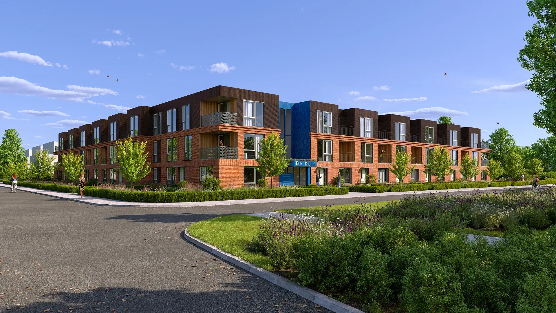 3D straatniveau visualisatie van appartementencomplex De Delf in Appingedam, gezien vanaf de openbare weg.