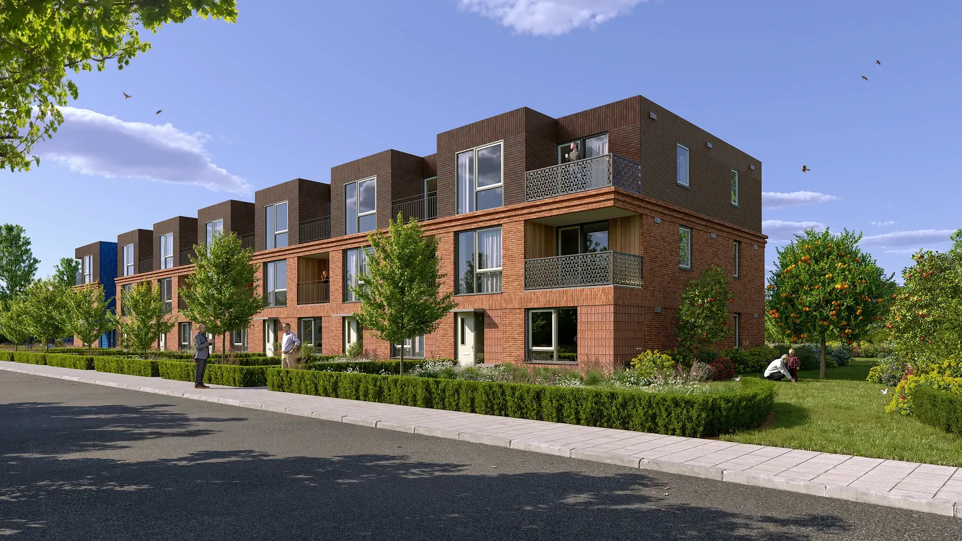 3D-architectuurvisualisatie van de Groningerhuis appartementen De Delf in Appingedam met een gemeenschappelijke pluktuin, ontworpen voor Van Wijnen.