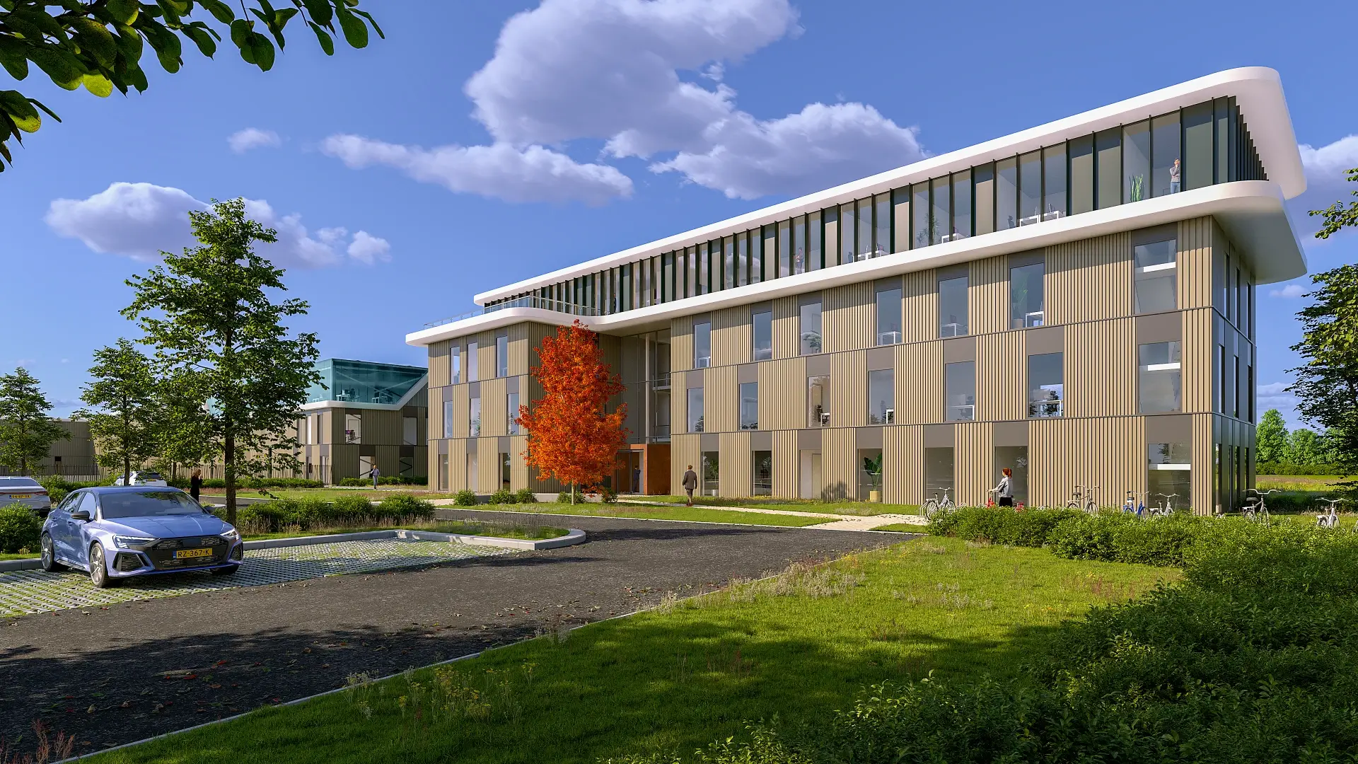 3D-architectuurvisualisatie van de moderne kantoorgevel van het Wellgear Technology Center in Assen met een natuurlijke, groene terreininrichting.