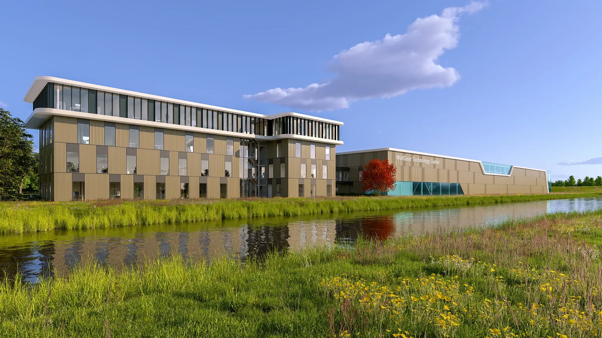 Fotorealistische 3D landschapsvisualisatie van het Wellgear complex in Assen, weerspiegeld in het water en omringd door het karakteristieke Drentse landschap.