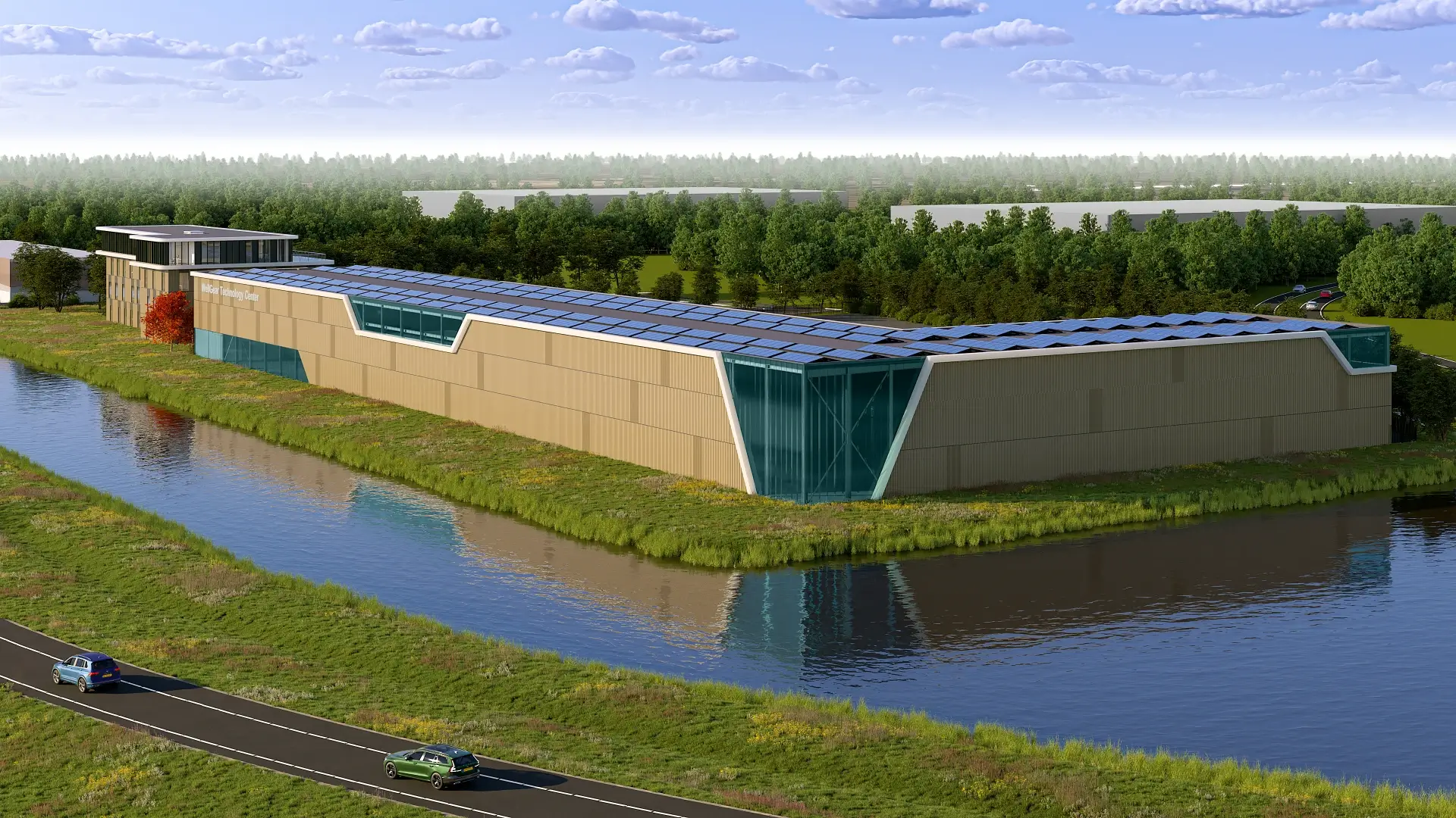 3D omgevingsvisualisatie in vogelvluchtperspectief van het Wellgear Technology Center langs de A28, met focus op de integratie in de groene Drentse natuur.