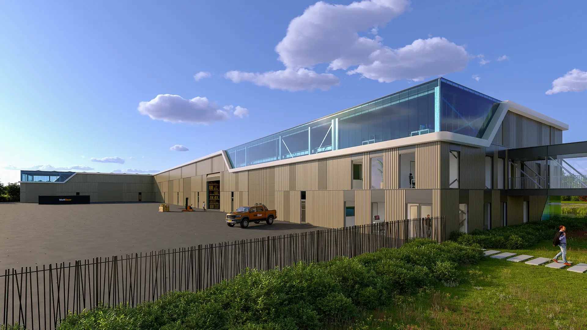 3D exterieur rendering van het logistieke binnenterrein en de glazen skybridge van het Wellgear hoofdkantoor te Assen.
