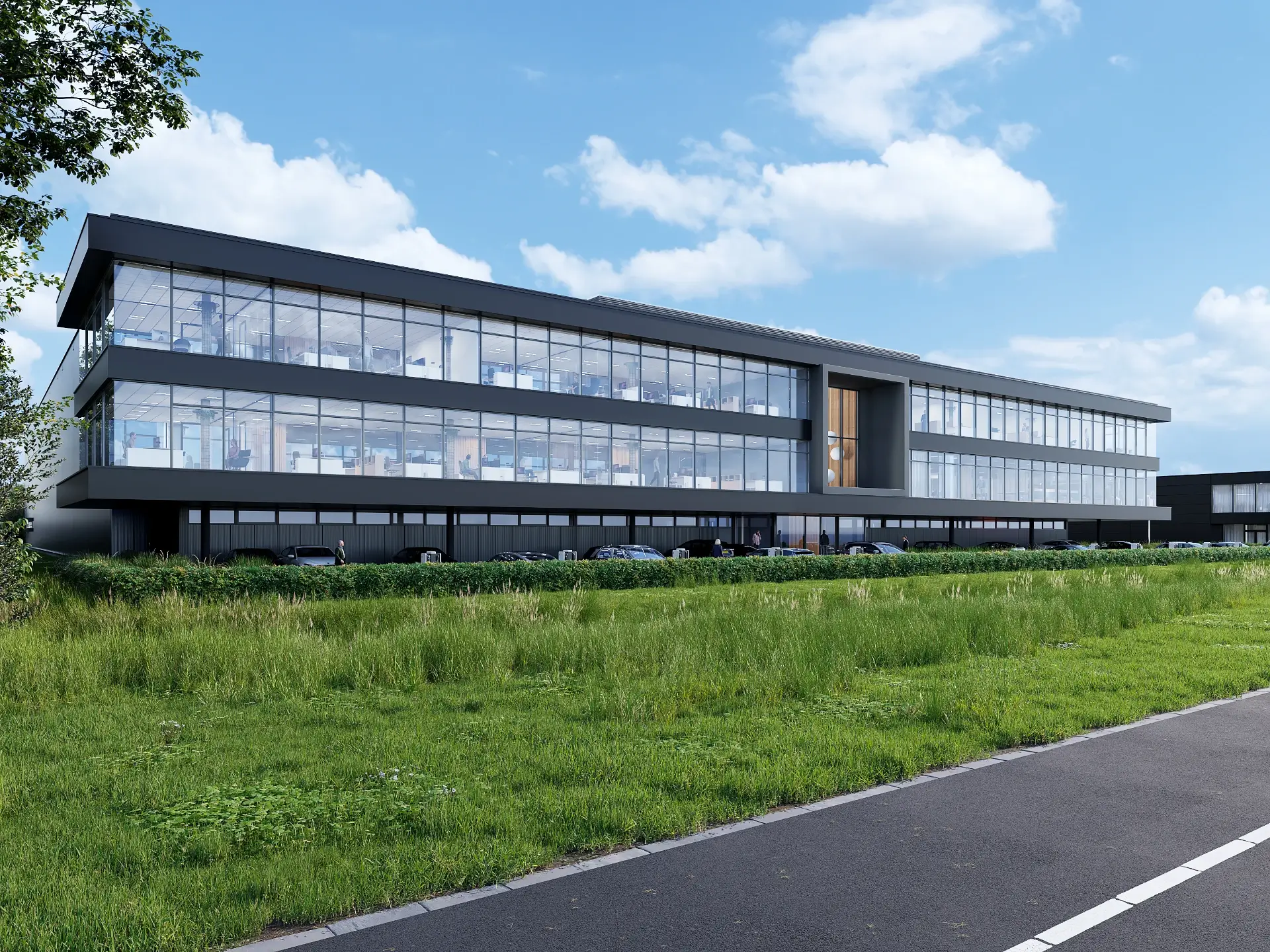 3D omgevingsvisualisatie in vogelvluchtperspectief van de groene, duurzame schuurwoningen in Nooitgedacht.