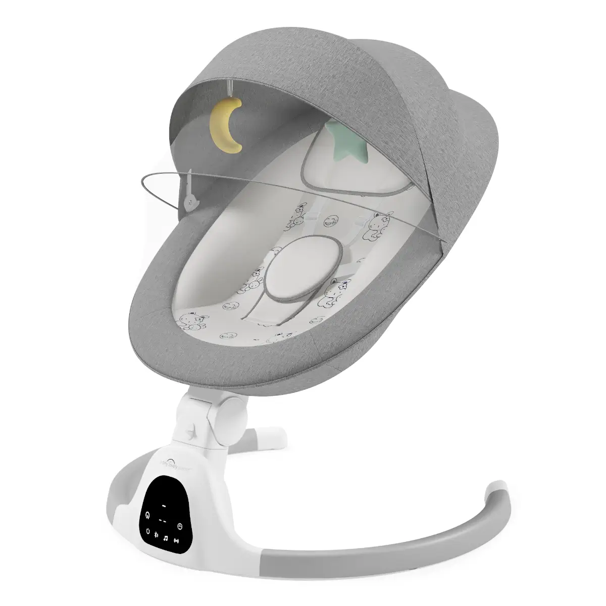 3D product rendering van de A Tiny Lovely Planet elektrische baby wipstoel in het grijs.