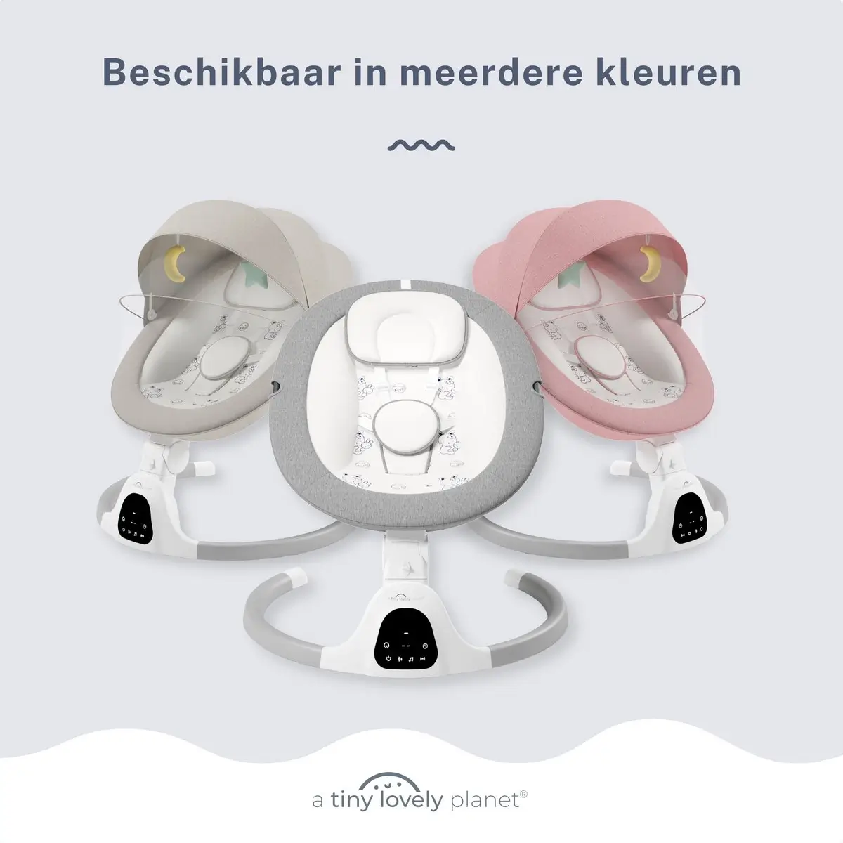 Commercieel marketing beeld voor A Tiny Lovely Planet met drie kleuren 3D product renderings van de elektrische baby wipstoel.