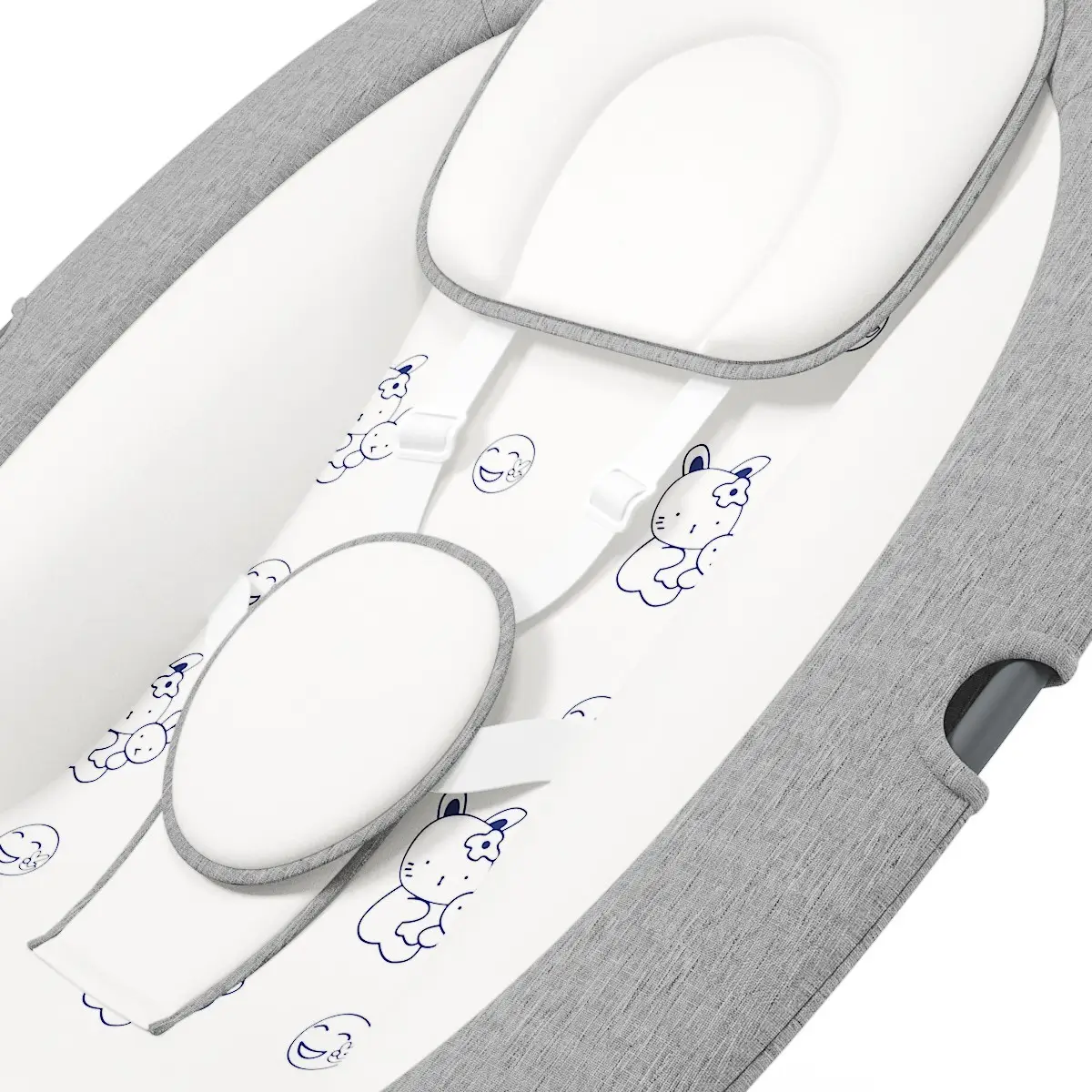Close-up 3D product rendering van de A Tiny Lovely Planet baby wipstoel met focus op de grijze stof en het getekende konijnenpatroon.