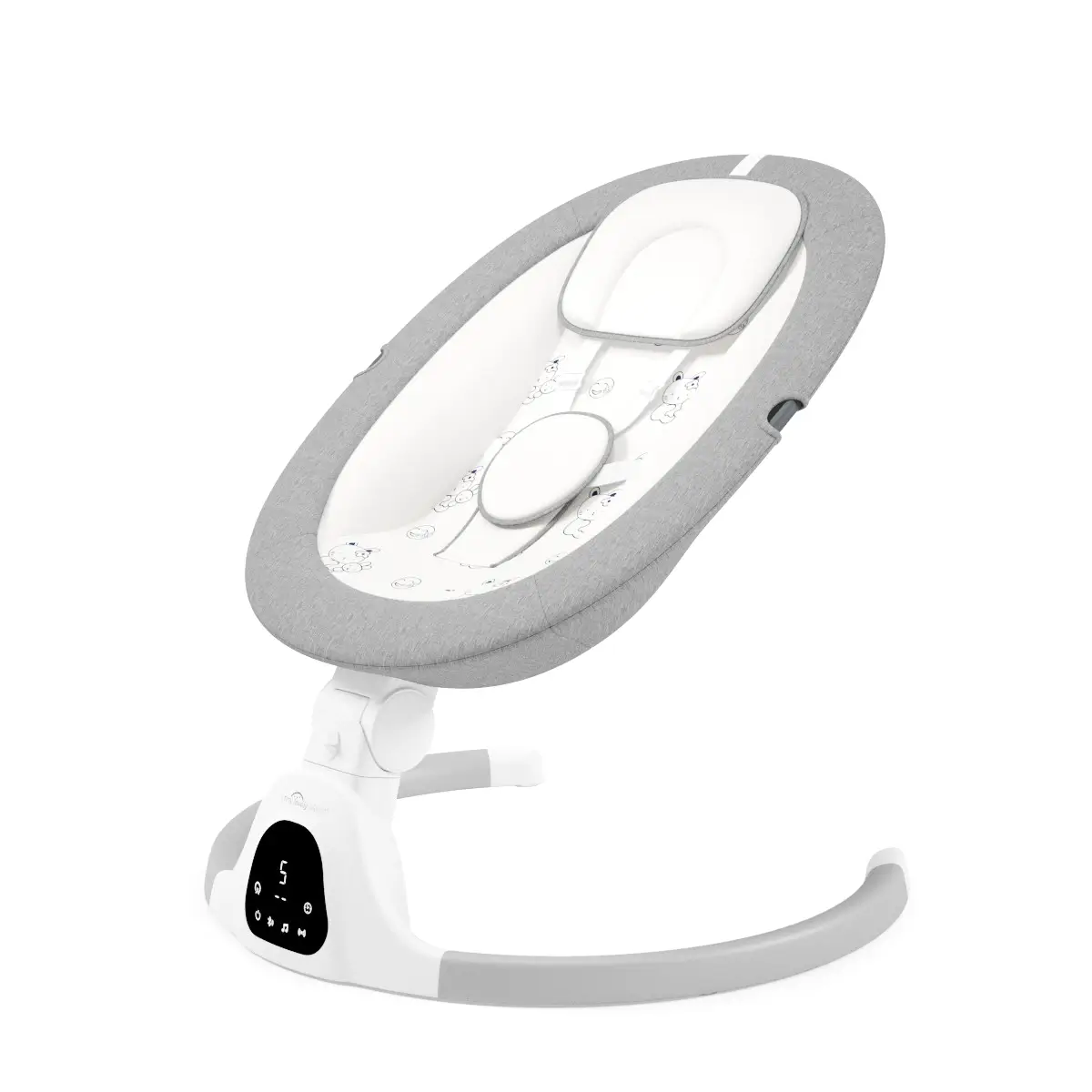 3D product rendering van de A Tiny Lovely Planet elektrische baby wipstoel in het grijs.
