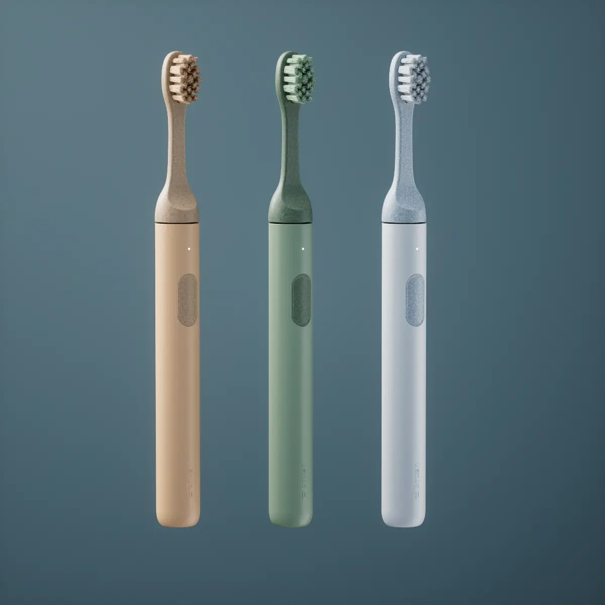 Drie Brush elektrische tandenborstels op een rij om de verschillende kleuropties te tonen via 3D rendering.