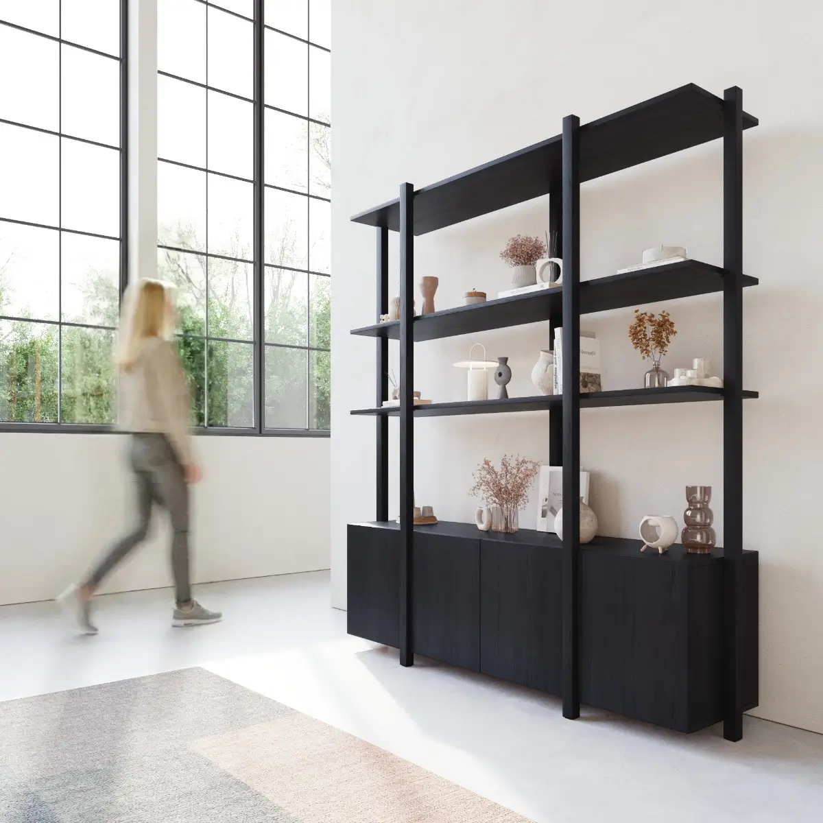 Fotorealistische product rendering van de grote Sento design wandkast in zwart eikenhout in een lichte, moderne loft.