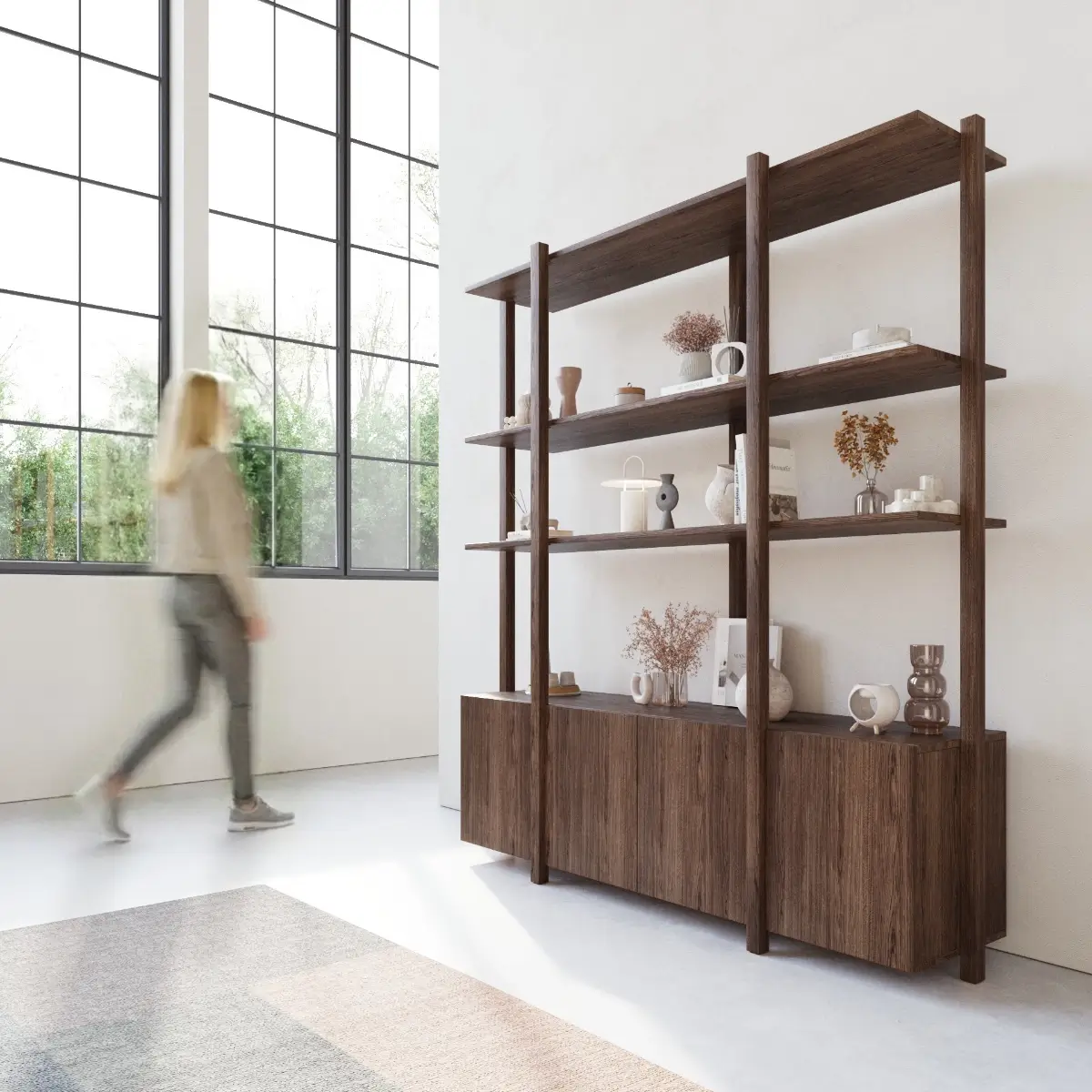 3D interieur rendering van de modulaire Sento wandkast van Studio À La Part in een donker eikenhouten afwerking.