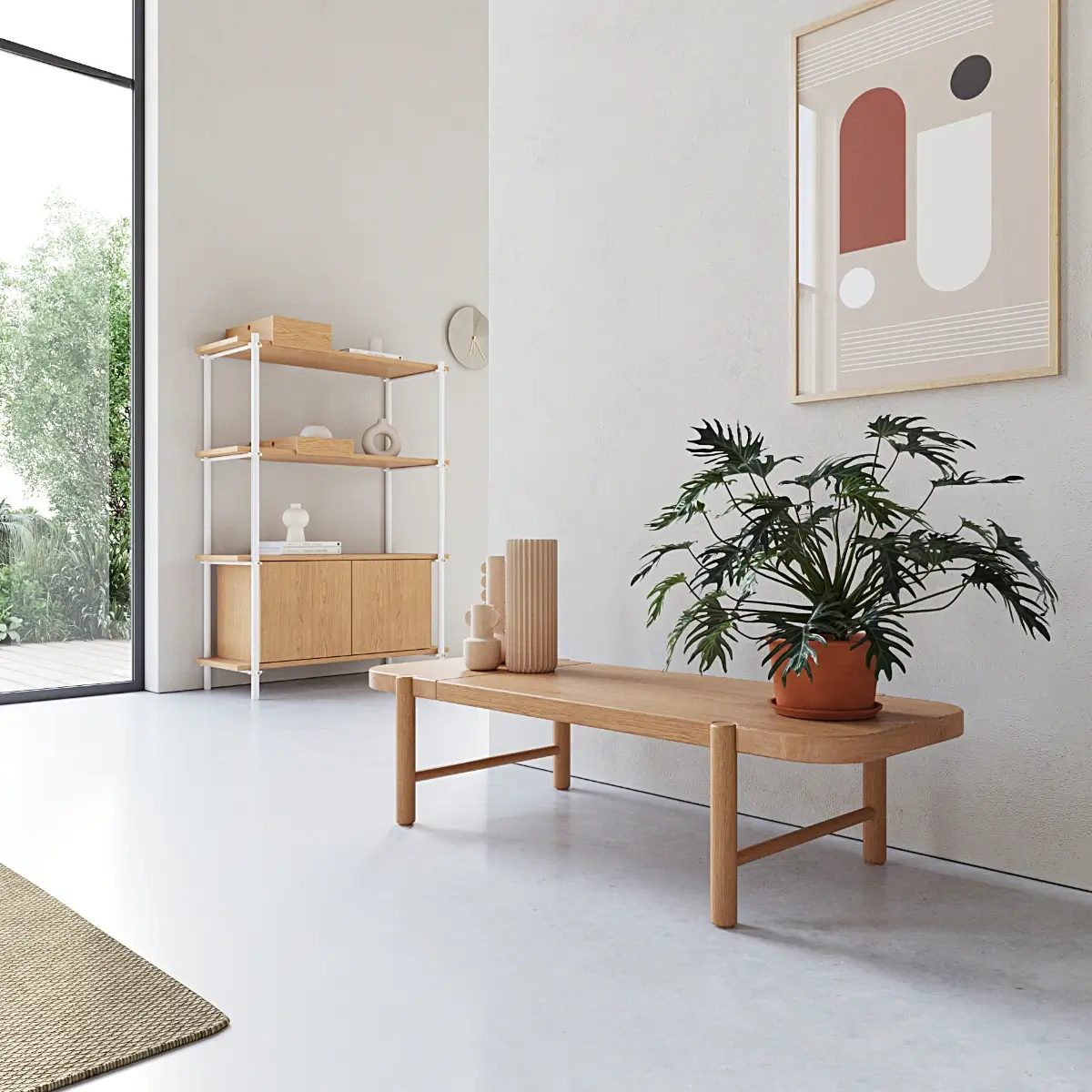 Perspectief 3D rendering van het Amon houten bankje met een design kast op de achtergrond.