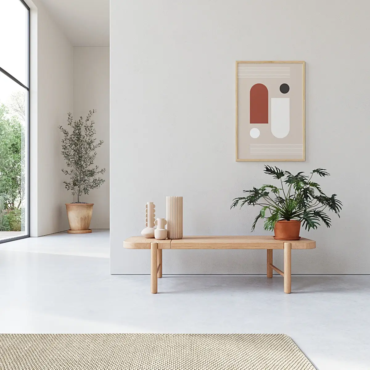 High-end 3D product rendering van het Studio À La Part Amon houten bankje in licht eiken met decoratie in een minimalistisch interieur.