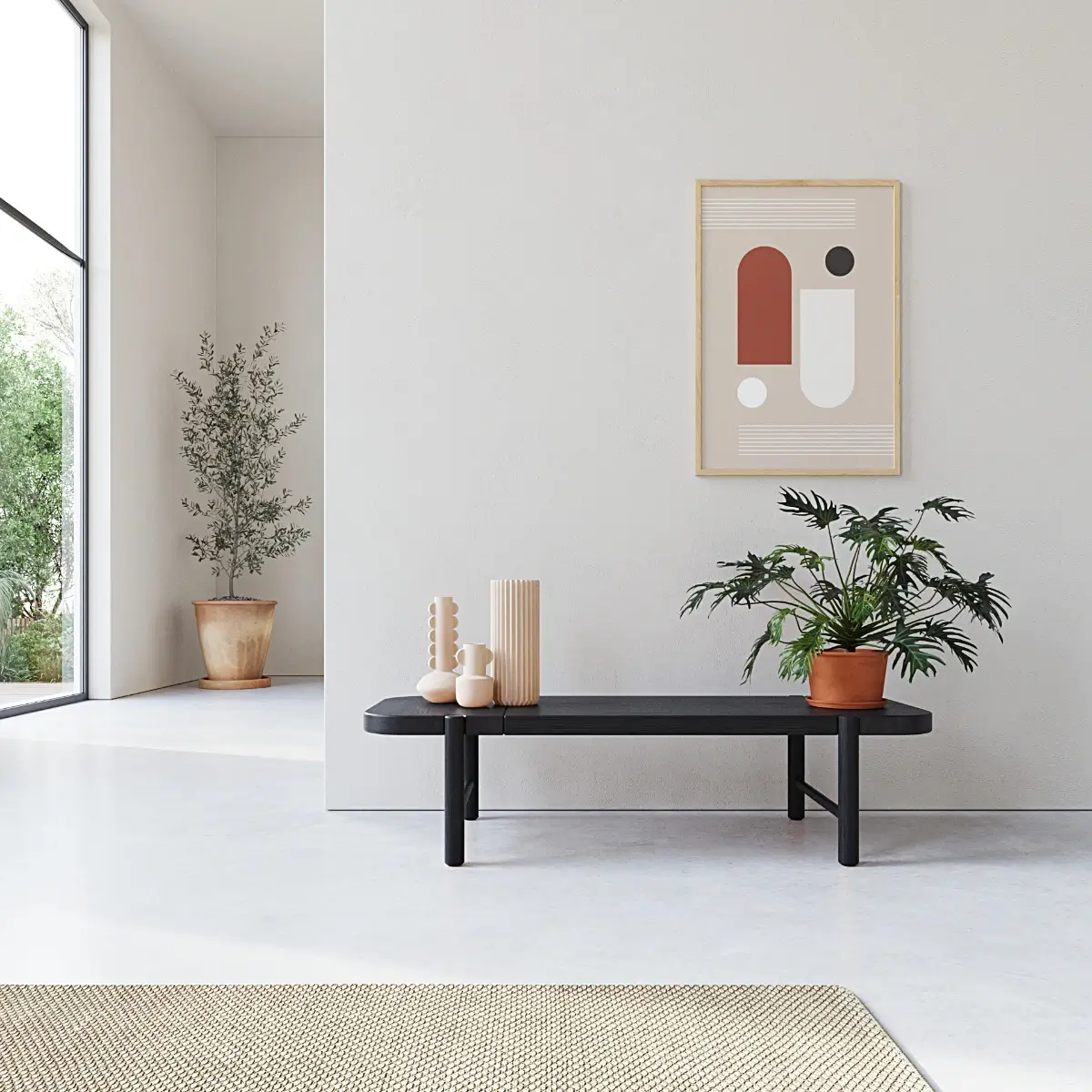 Fotorealistische product rendering van het Studio À La Part Amon bankje in een zwarte eikenhouten afwerking.