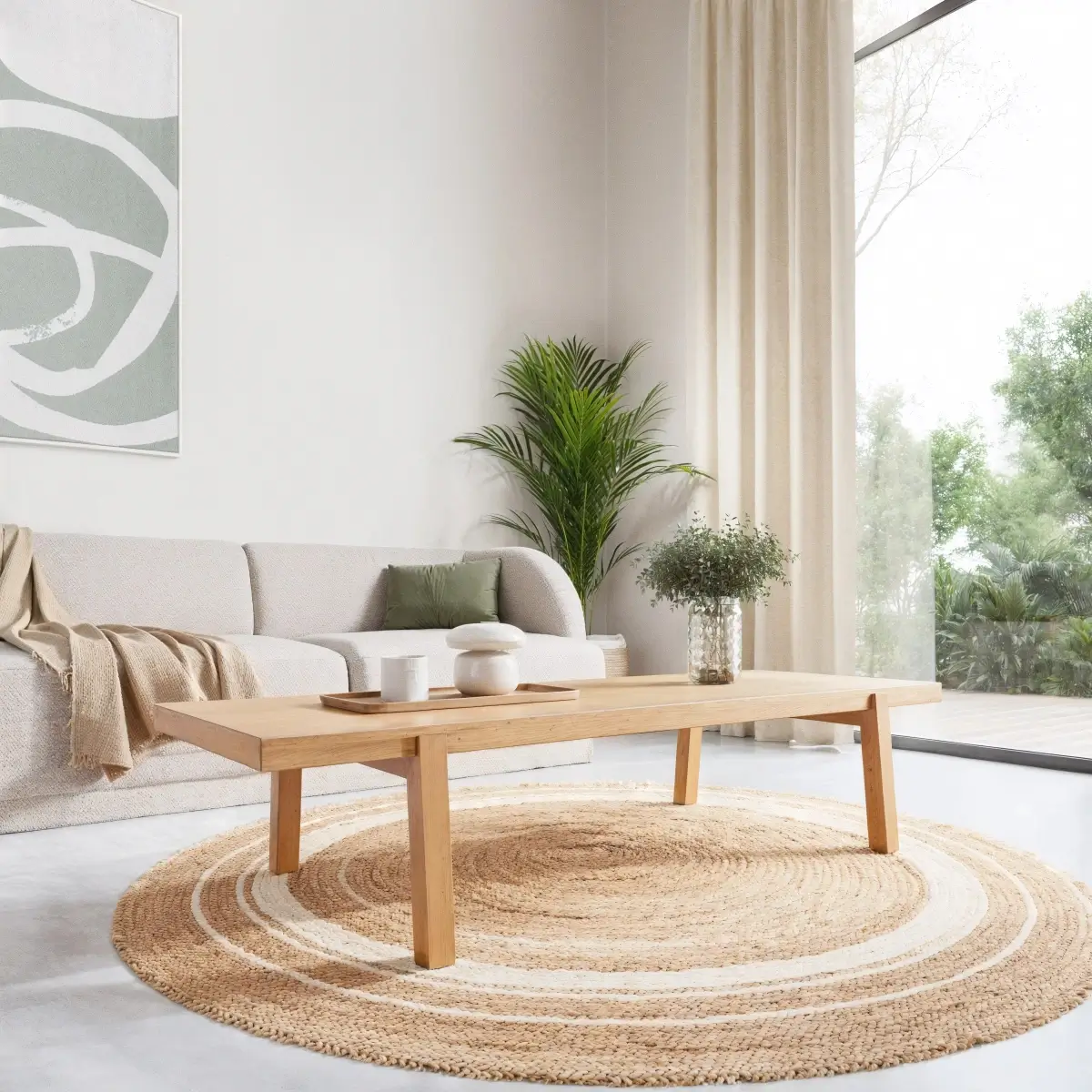 Fotorealistische 3D product visualisatie van de 5 graden eikenhouten salontafel in een modern, licht interieur met een beige bank.