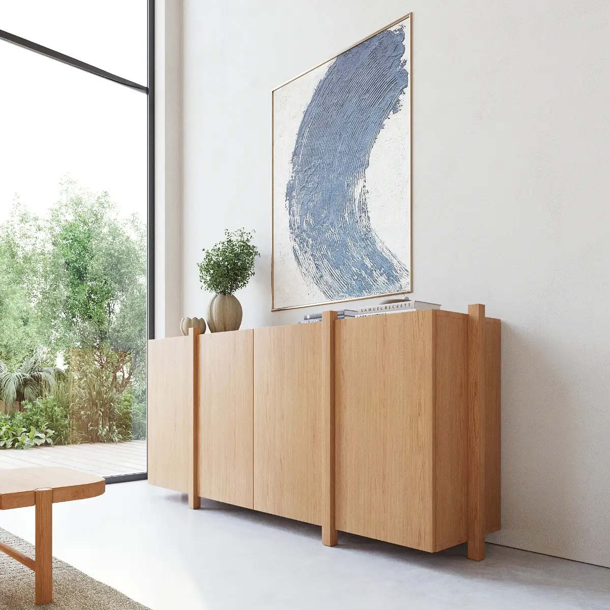 Fotorealistische 3D product visualisatie van het lage Sento eikenhouten dressoir geplaatst in een licht interieur naast een grote glazen pui.