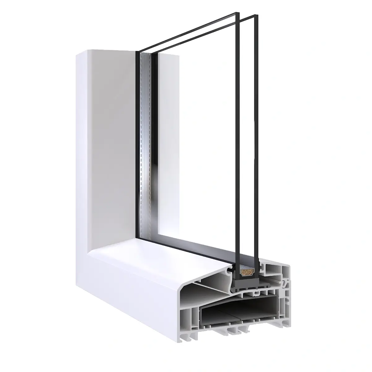 Strakke 3D-productvisualisatie van een Aluplast IDEAL 7000 kunststof vast kozijnprofiel met dubbel glas.