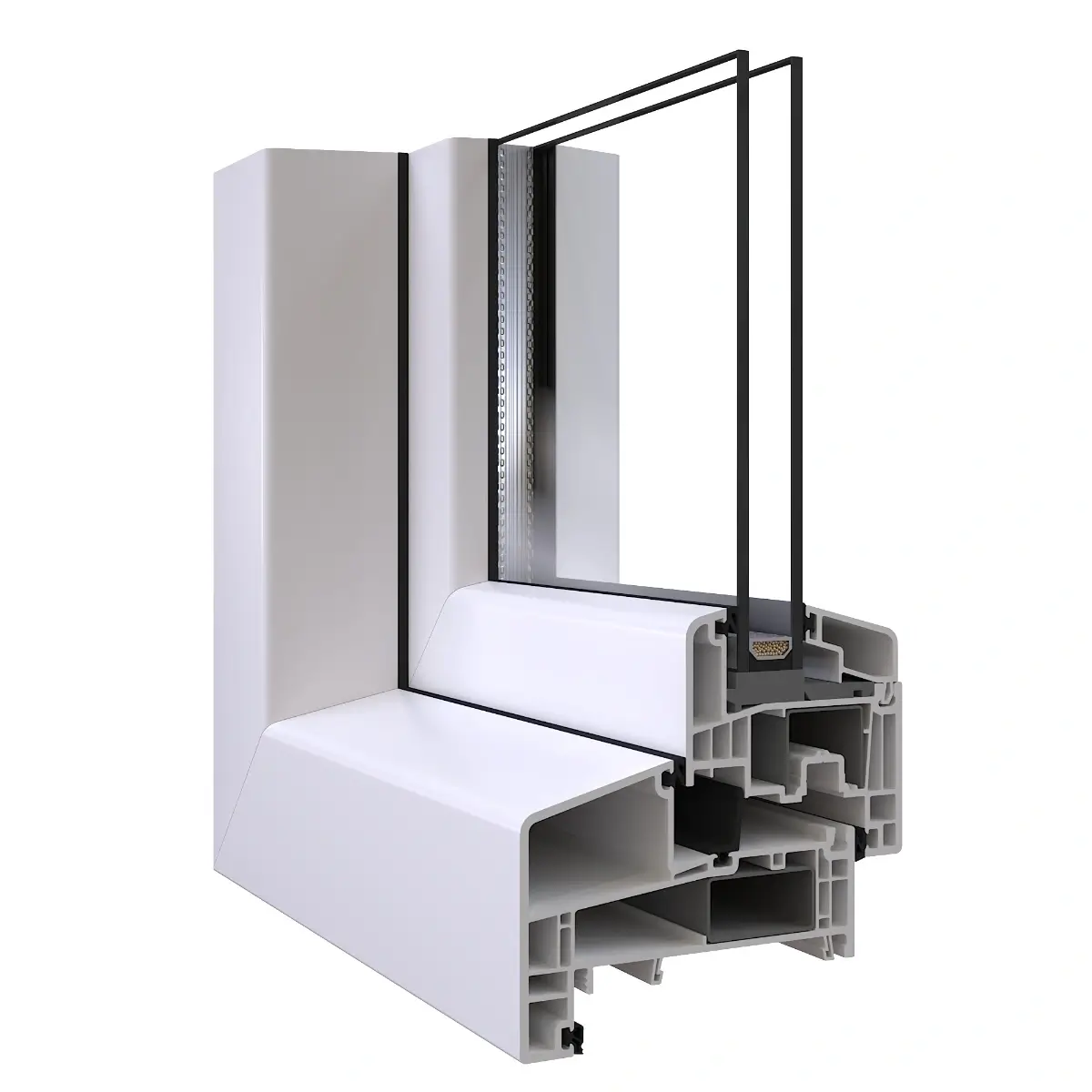 3D-render van een Gealan S 9000 Base kunststof kozijnprofiel met aanslag en een gedetailleerde weergave van de interne kamers.