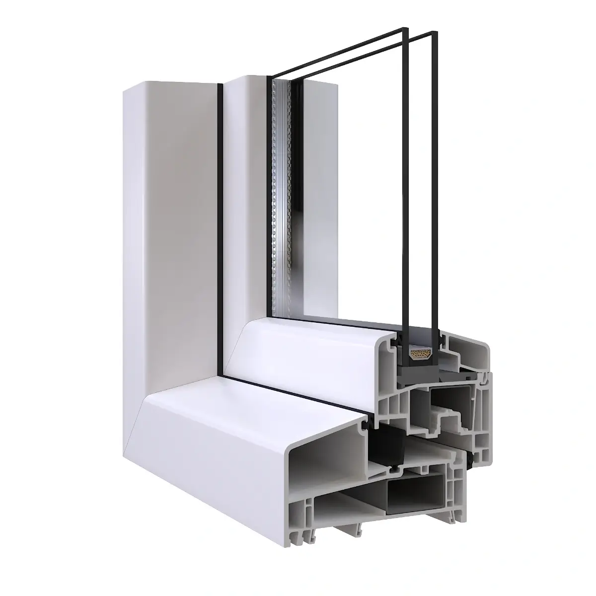 Professionele productvisualisatie van een Gealan S 9000 Base kunststof draaikiep kozijnprofiel, getoond in een strakke studiolaag.