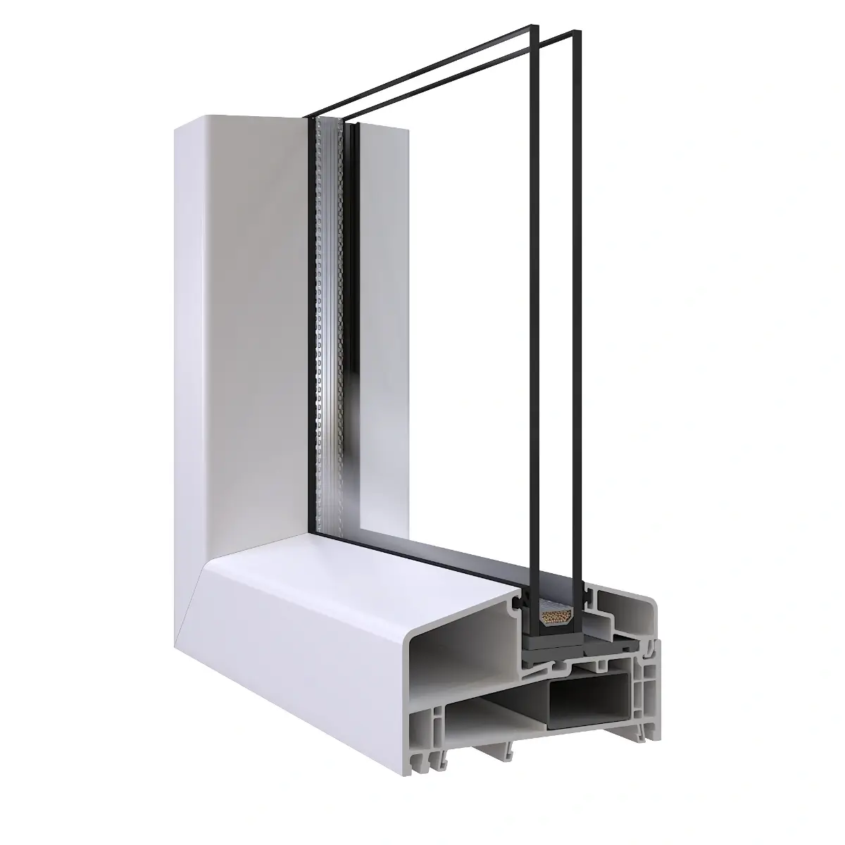 Fotorealistische 3D-visualisatie van een Gealan S 9000 Base vast kunststof kozijnprofiel met isolatieglas.