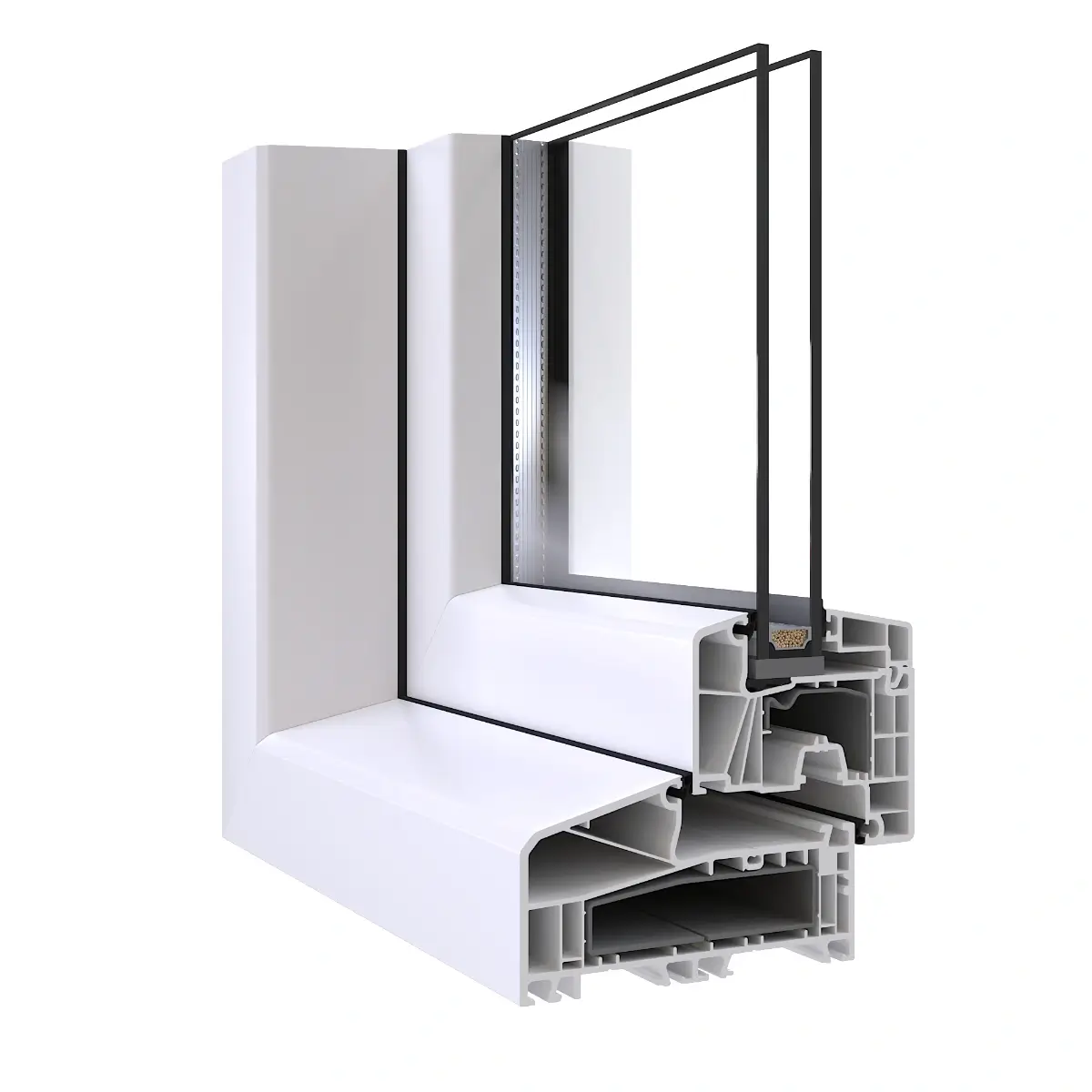 Fotorealistische 3D-render van een wit Aluplast IDEAL 7000 kunststof draaikiep kozijnprofiel inclusief beglazing en profieldoorsnede.