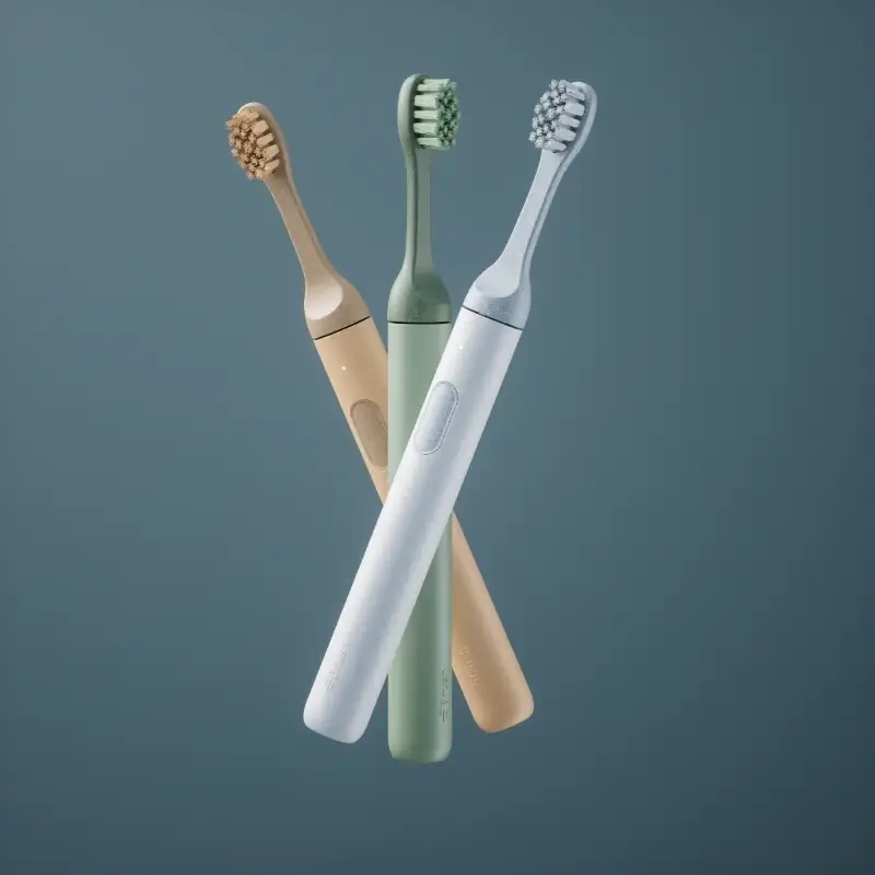 Fotorealistische 3D-productvisualisatie van drie Brush elektrische tandenborstels in de pastelkleuren beige, groen en blauw.