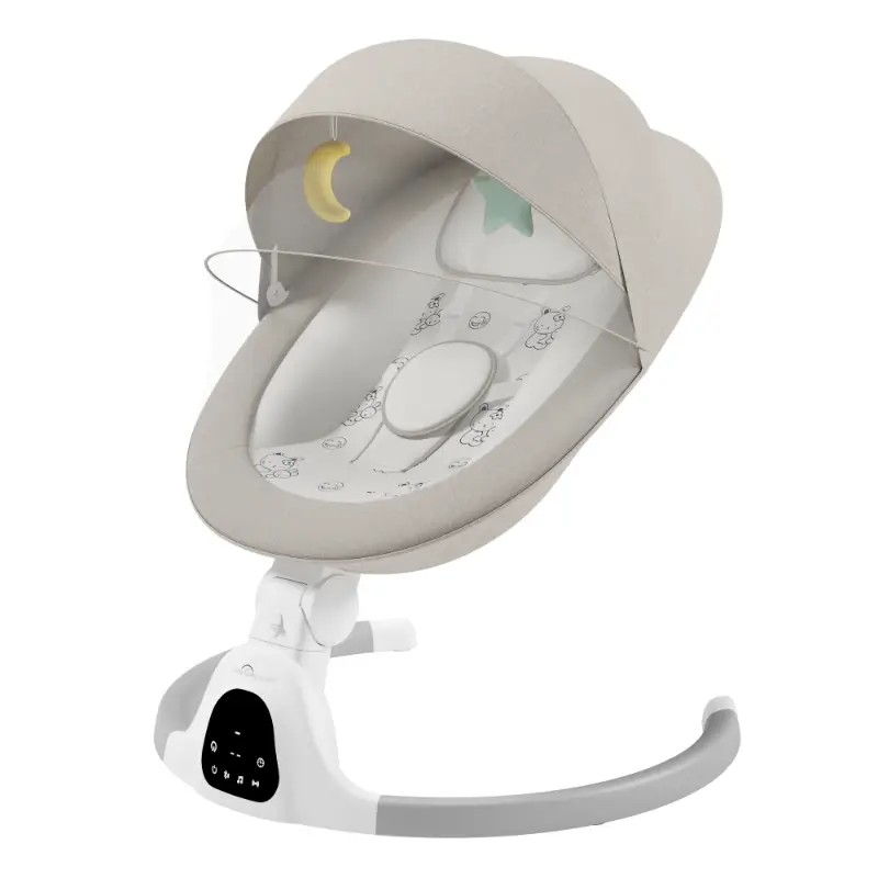 Strakke 3D-product-render van de beige A Tiny Lovely Planet babywipper inclusief zonnekap en minimalistische speelboog.