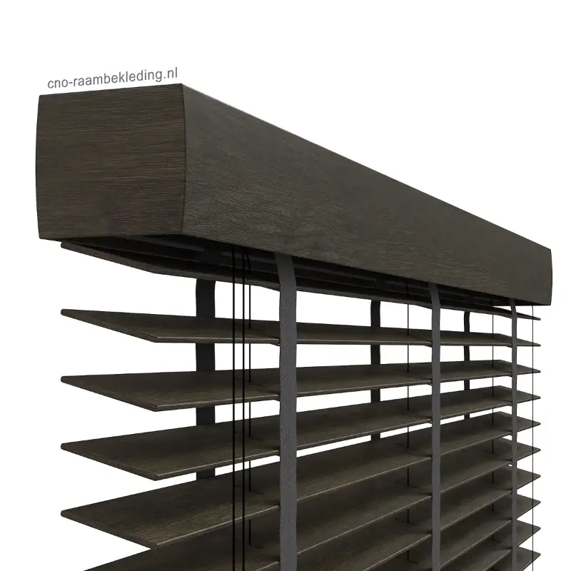 Fotorealistische 3D-productvisualisatie van een CNO houten bamboe jaloezie in antraciet zonder zijgeleiding.