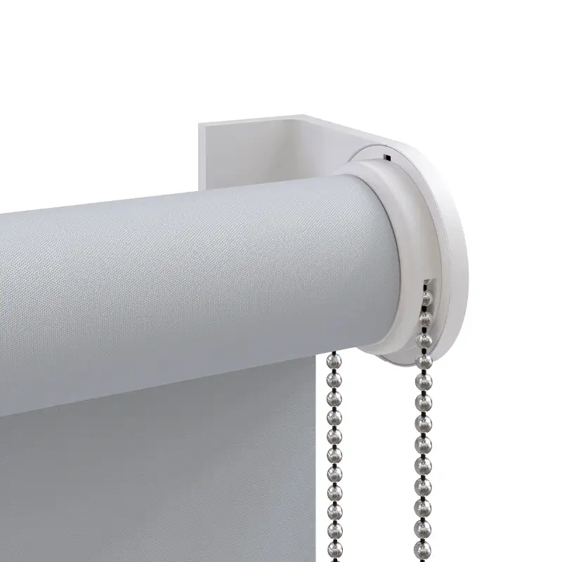 3D-detail-render van een wit CNO rolgordijn met een duidelijke weergave van het ophangsysteem en de kettingbediening.