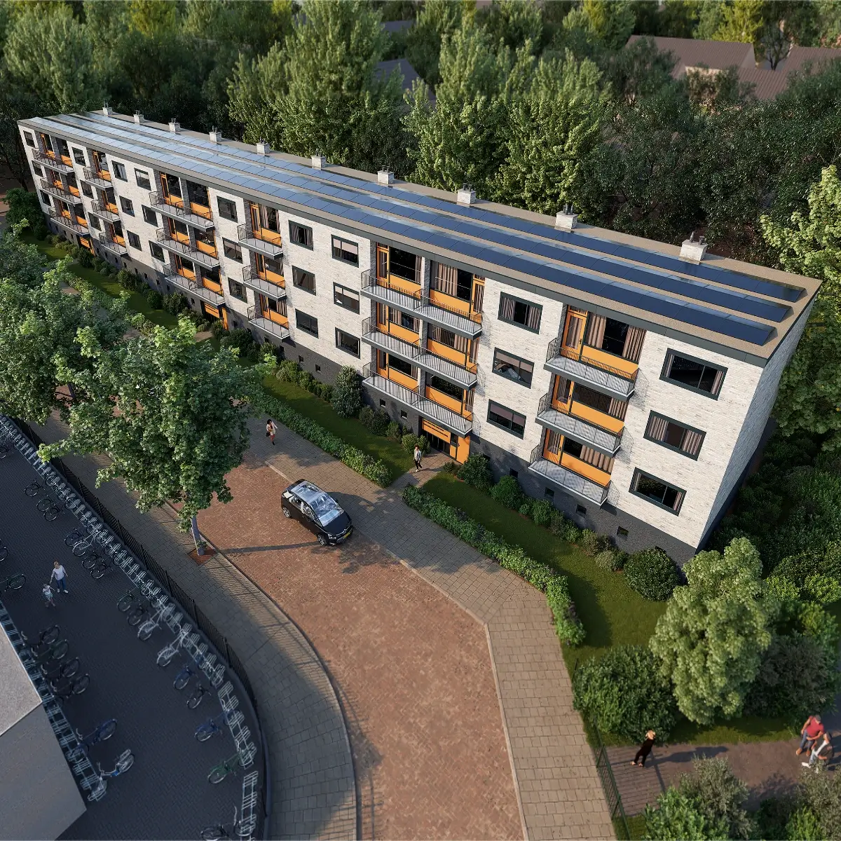 Fotorealistische 3D-visualisatie van een verduurzaamd appartementencomplex voor een VvE, met nieuwe kozijnen, moderne gevelbekleding en zonnepanelen op het dak.